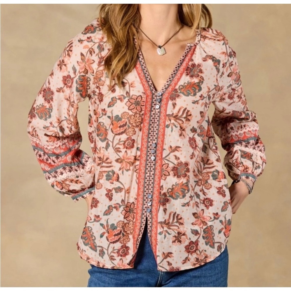 Sundance Arvilla Floral Balloon Sleeve Button Blouse Silk Cotton Blend Pink S